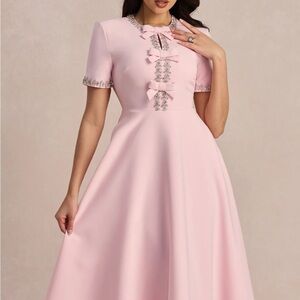 Chiffon Pink Midi Dress with Bow & Crystal Trim